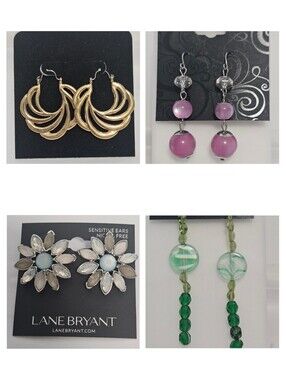 NWT Earring Lot of 4: Lane Bryant Floral, GNW Pink Beaded, Gold Hoops & Green Dr